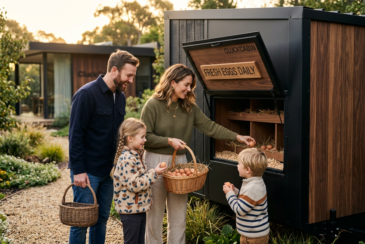 Family collecting eggs from CluckCabin